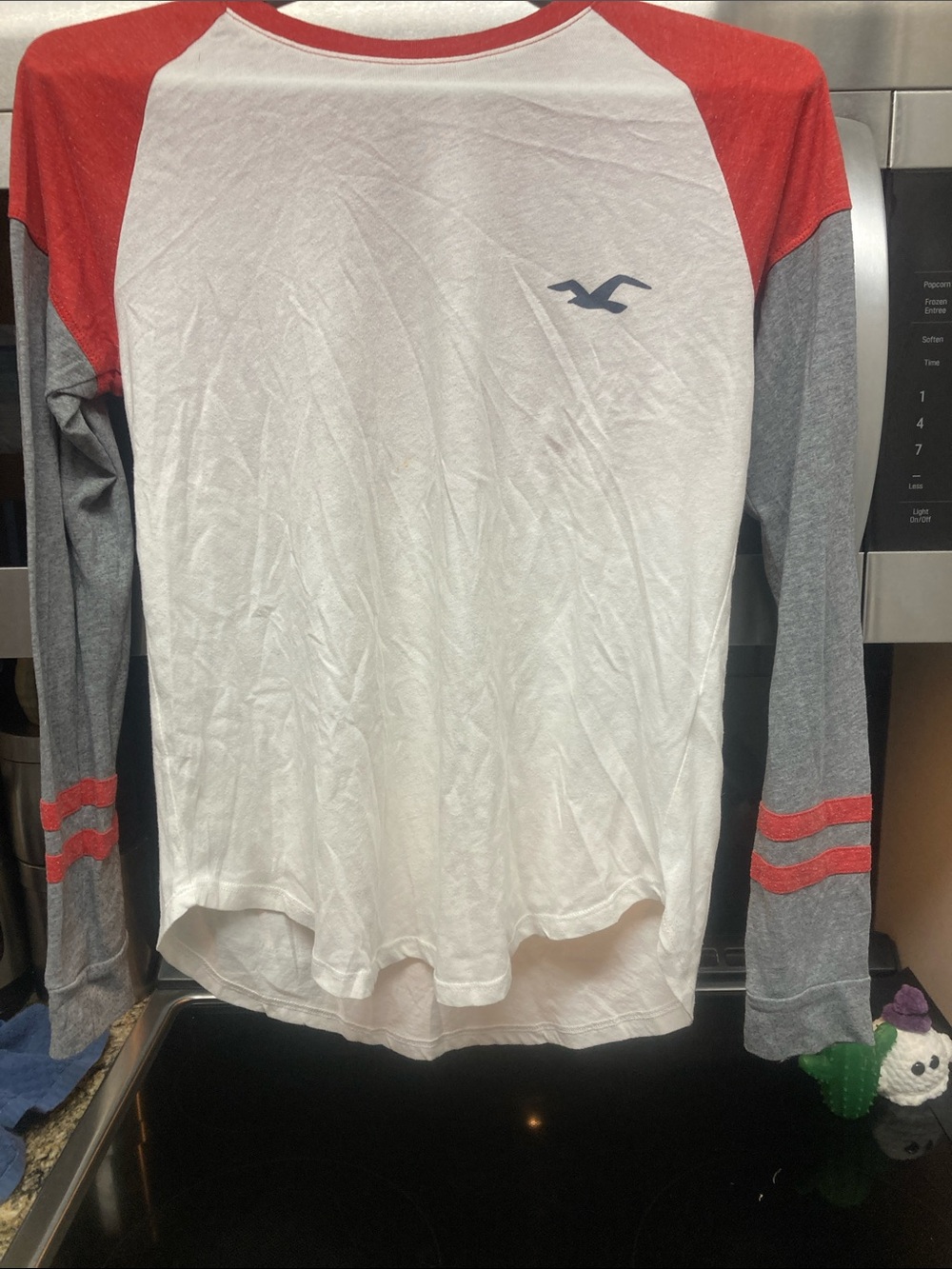 Hollister White Raglan Long Sleeve Tee with Red Shoulders and Gray Sleeves